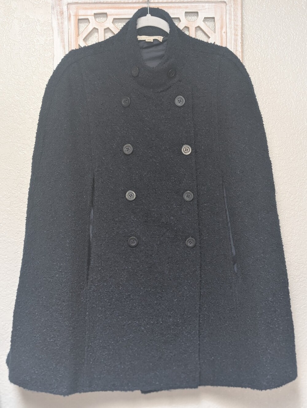 LOVE STITCH NWOT Double Breasted Textured Wool Navy Anika Cape Coat M/L Classic